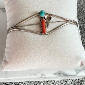 Navajo Turquoise and Coral Sterling Silver Cuff